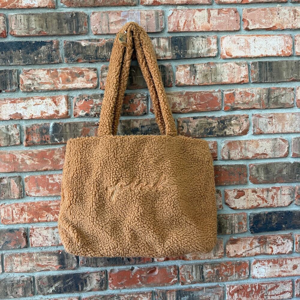 Victoria's Secret Pink Sherpa Tote Weekender Bag Mocha Brown Logo NEW Carryall